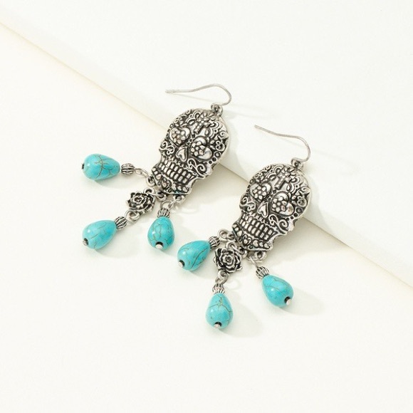 🔥3/$20 Sale🔥 Turquoise and Silver Skull Earrings - Picture 2 of 3